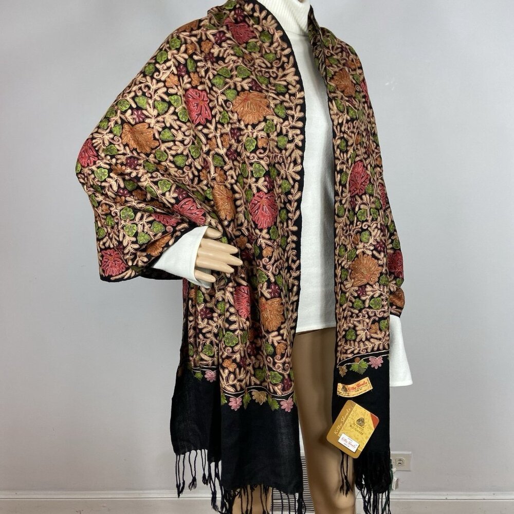 NWT Kitty Shawls 78 x 28 Heavily Embroidered Wool Scarf Fringe Crewel Vtg Look - Picture 2 of 9